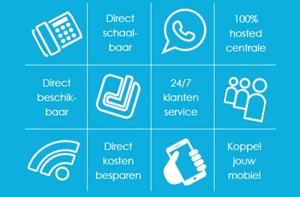 Overzicht van voordelen van een hosted telefooncentrale, zoals direct schaalbaar, 24/7 klantenservice en kostenbesparing