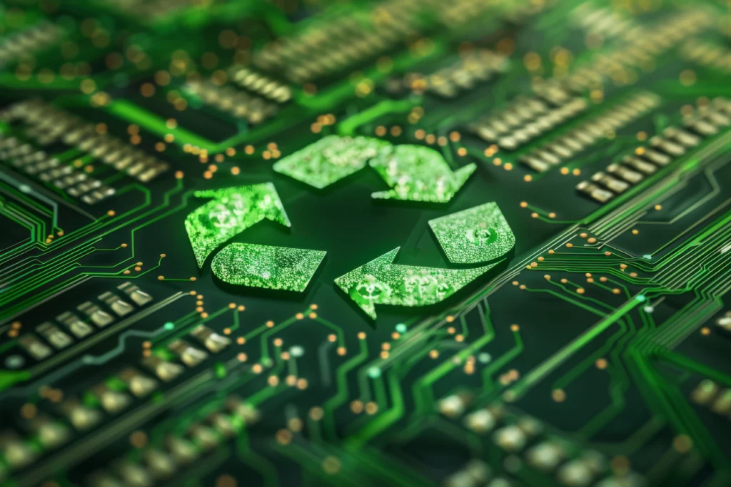 Groen recycle-symbool op een printplaat, symbool voor duurzaamheid in technologie